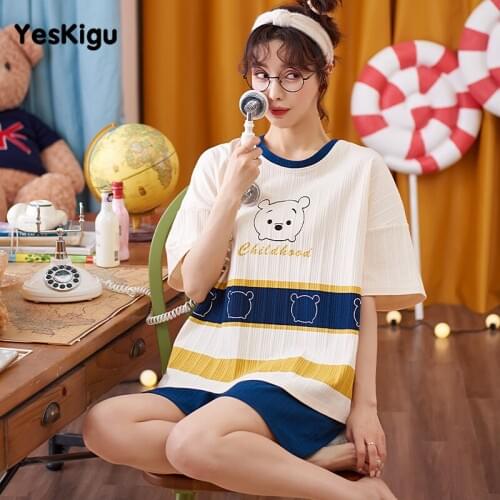 Women Pijama Casual Pyjamas Nightclothes Cotton Cartoon Bear Girl Korean Sleepwear Home Wear Pajamas Shorts Femme Two-piece