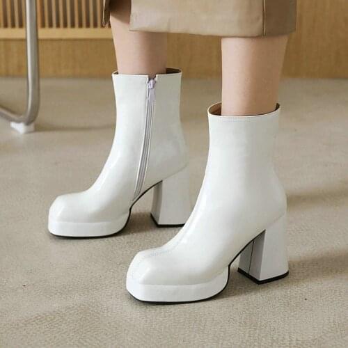 Ladies Patent Leather Short Boots Fashion Simple Spring Autumn Zipper Women Shoess Winter platform Square High-Heel Ankle Boots