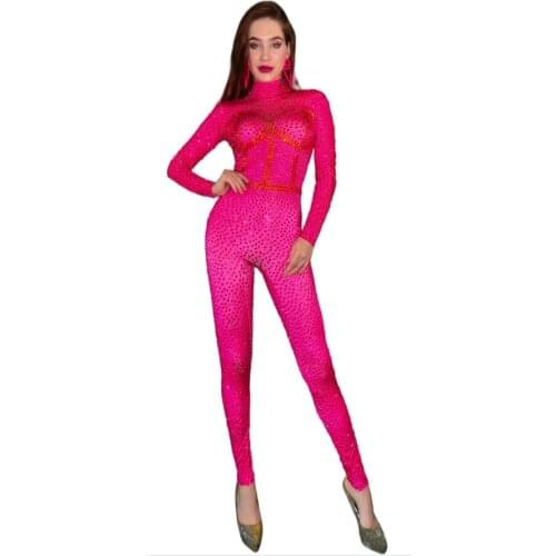 Women New Sparkly Full Rhinestones Jumpsuit Long Sleeve Nightclub Bar Prom Party Birthday Outfit Singer Stage Wear Dance Costume