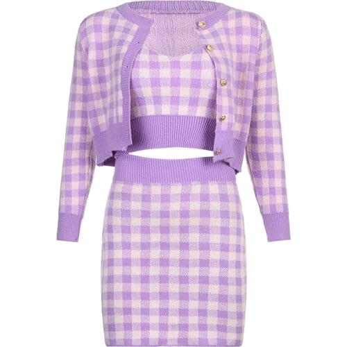 Women Casual Three-piece Clothes Set, Purple Plaid Pattern Suspender Tops + Cardigan + Skirt
