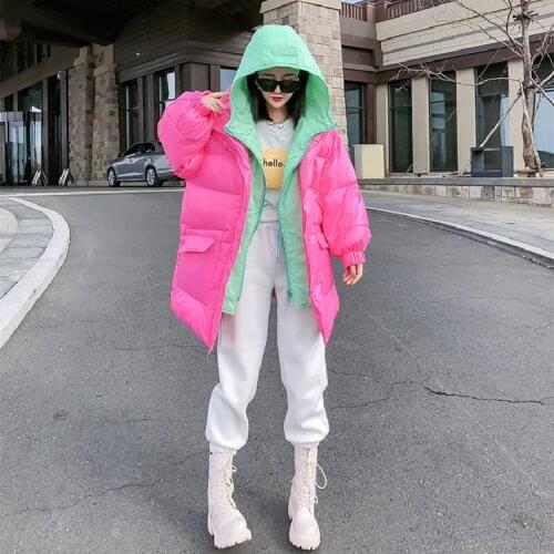 2021 Winter New Fake Two-piece Jacket Women Streetwear Candy Color Striped Double Hooded Stitching Down Padded Coat Fashion A364