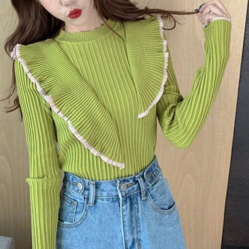 Sweater New 2020 Women Ruffles Pullovers Fall Winter Long Sleeve Knitted Patchwork Elastic O Neck Ladies Slim Chic Sweaters