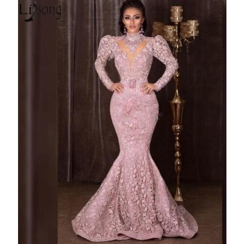 High Neck Long Sleeves Mermaid Prom Dresses 2019 Full Lace Evening Dress Sweep Train Zipper Back Formal Gowns Vestidos de gala