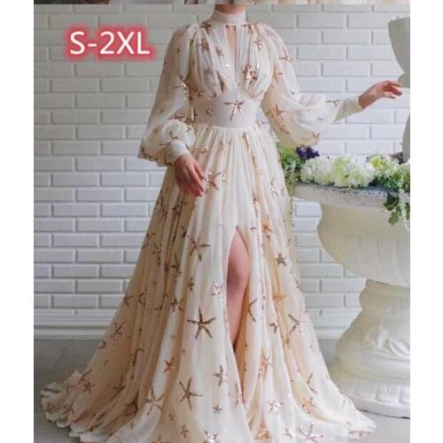 2021 High Quality Women sequins Starfish Lantern High Waist Split Chiffon Floor Length Long Maxi Dress Evening Party Gown Dress