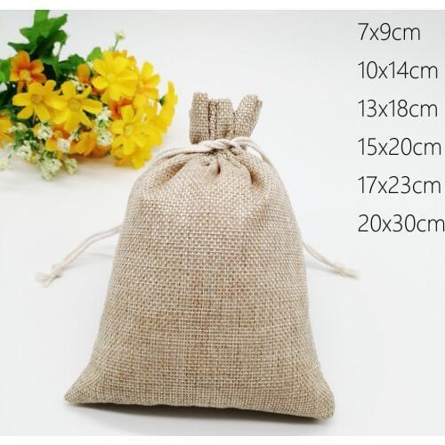100pcs/lot 7x9 15x20cm Vintage Natural Burlap Linen Jute Gift Bag Jute Gift Packaging Bag Drawstring Gift Bags Wedding Candy Bag