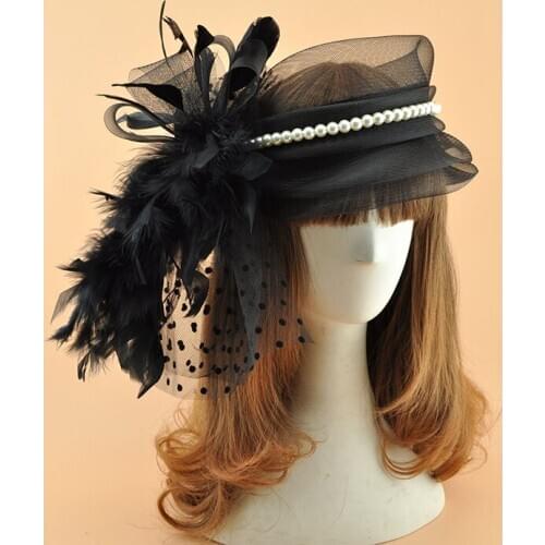 2017 Fashion Wedding Pearl Hair Fascinators Hat For Woman Black White Women Mesh Hair Clip Festival Church Fancy Veil Headpiece