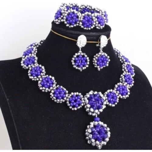 4UJewelry African Bridal Jewelry Sets Royal Blue And Silver Nigerian Women Beads For Wedding Necklace Bracelet Earrings Set 2020