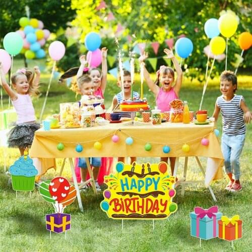 5Pcs Happy Birthday Yard Signs Plastic Stake Cupcake Balloon Pattern Waterproof Home Lawn Outdoor Garden Courtyard Party Decor