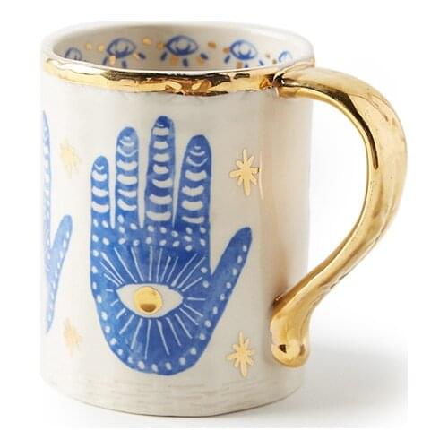 Tea Cups Handmade Creative Gifts Ceramic Hand Eye Mugs and Plates Gold Rim Decorative Kitchen Home Tableware Personalized Coffee