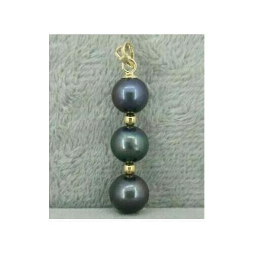 AAA 8-9 MM BLACK ROUND NATURAL TAHITIAN PEARL PENDANT NECKLACE 14K/20