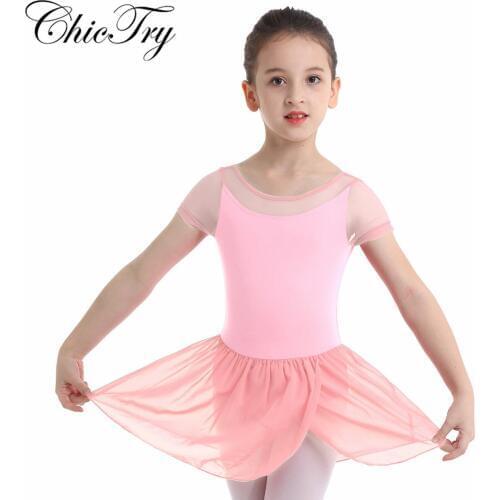 Children Kids Girls Mesh Short Sleeve Ballet Dance Gymnastics Leotard Dress for Stage Performance Ballet Dance Class Clothes