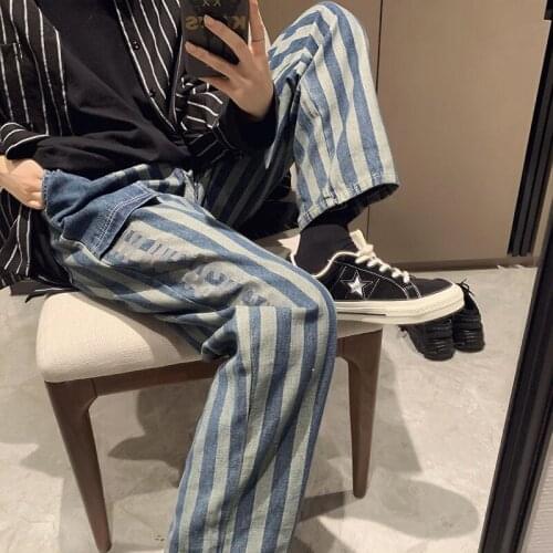 Loose Striped Jeans Men Four Seasons All-match Printed Letters Washed Used Trousers Mens Clothes Trend Streetwear Hip Hop Pants