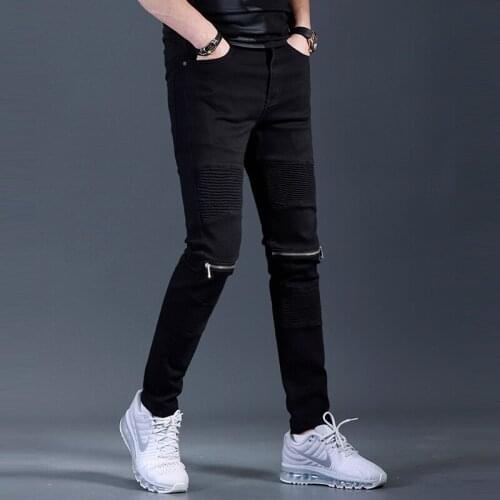 2021 New Black Jeans Men Streetwear Zippers Patchwork Slim Fit Denim Pants