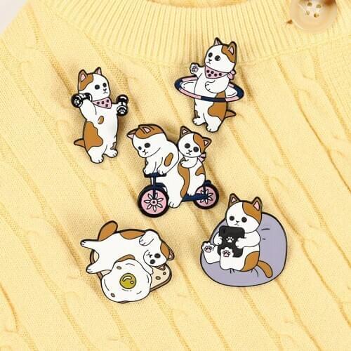 Fitness cat enamel pin custom cat egg bicycle dumbbell hula hoop brooch bag lapel pin cartoon badge for kids friends accessories