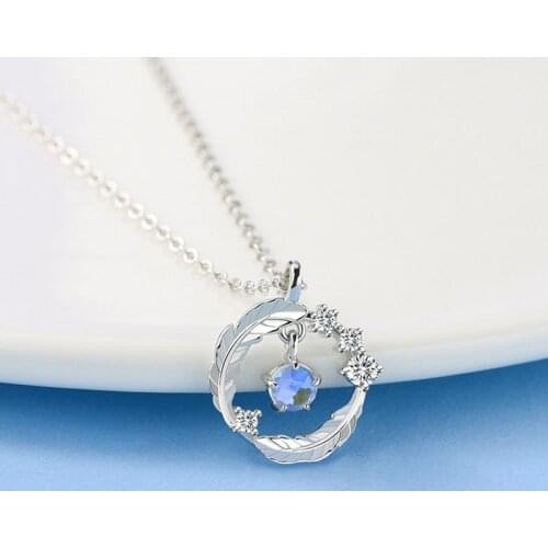 Hot Sale 925 Sterling Silver Round Colored Moonstone Feather Necklace For Women Trendy Clavicle Chain Party Jewelry Wholesale