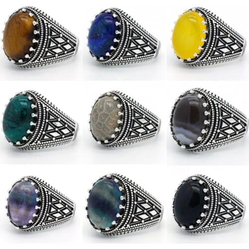 Mens Ring with Fluorite/Tiger eyes/Lapis/Agate Stone Real 925 Sterling Silver Vintage Turkish Rings for Male Fine Jewelry Gift
