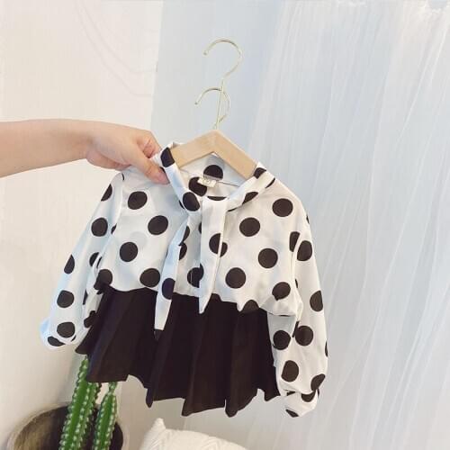 Fashion Girl Clothing Set Autumn Outfits Casual Dot Print Belt Shirt Black Pleated Skirt 2pcs Suits for Girl Kids Clothes Suit