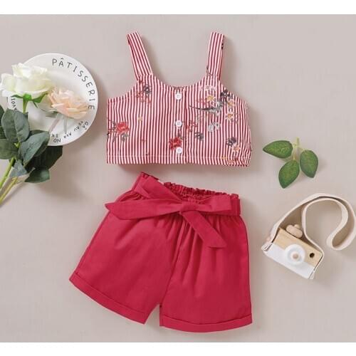 Summer Sets Baby Girl Crops Tops Embroidery Floral Striped Vest+Red Bow Sash Wide Shorts Infant Kids Cute Outfits Suit