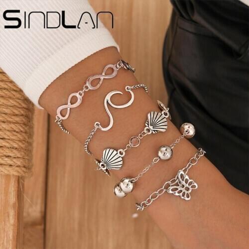 Sindlan 5Pcs Boho Silver-Color Hollow Butterfly Bracelets Set for Women Geometric Wave Shell Smooth Female Simple Wrist Jewelry