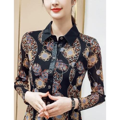Middle-aged Mother Clothing New 2021 Autumn Long Sleeve Printing Bottoming Shirt Turn Down Collar Plus Size Blusas