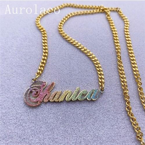 AurolaCo Custom Name Necklace Bling Name Necklace Colorful Sticker Necklace Stainless Steel Cuban Chain Necklace Jewelry Gift s