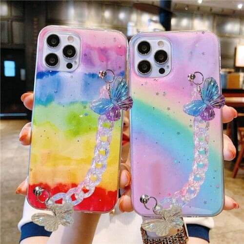 Rainbow Glitter Stars Phone Case For Xiaomi Redmi Note 10 9 Pro 9s 9C Note 8T 8A CC9 A3 Butterfly Wristband Smooth bag Cover