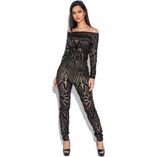 Luxurious Slash Neck Sequin Mesh Legging Sexy Off The Shoulder Long Sleeve Geometric Long Leg Hourglass Club Women Jumpsuit