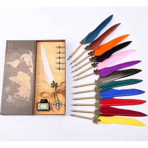 New European British wind long hair leaf pole feather pen, + five replacement nib + one bottle of ink
