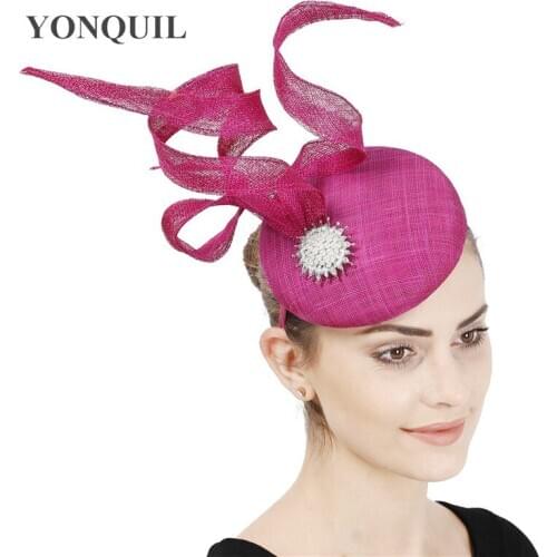 Millinery Hat Magenta Linen Fascinator 4 Layer Sinamay Wedding Mesh Feathers Female Accessories Elegant Headpiece High Quality