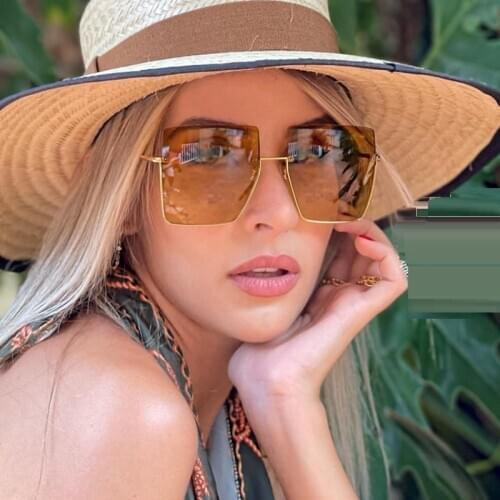 Luxury Brand Square Sunglasses Women Champagne Tea Shades For Women 90s Vintage Half Frame Metal Sun Glasses Men Unisex UV400