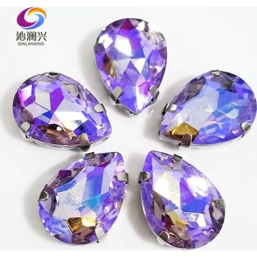 Super beauty Crystal violet AB color drop shape Glass Crystal sew on claw rhinestones with holes,Diy Clothing accessories SWS30