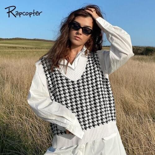 Rapcopter Plaid Sweate Knitted Tops Preppy Y2K Top Sweaters Cropped Knitwear New Autumn Women Tank Top Loose V Neck Vest New