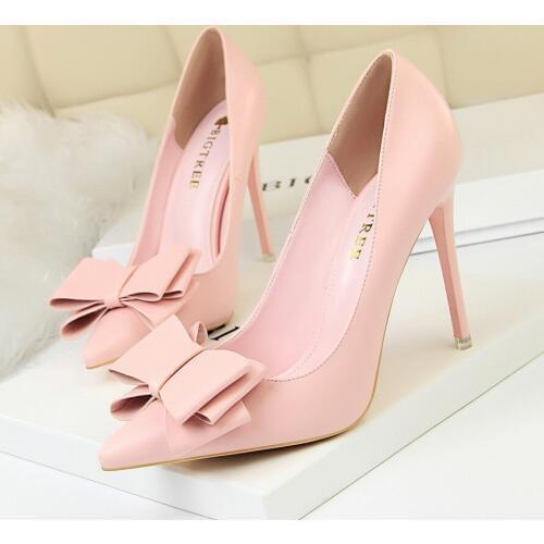 Woman basic High Heels Wedding Shoes Bow PU shallow Pointed Toe Classic Thin Heels 10.5cm Women Pumps