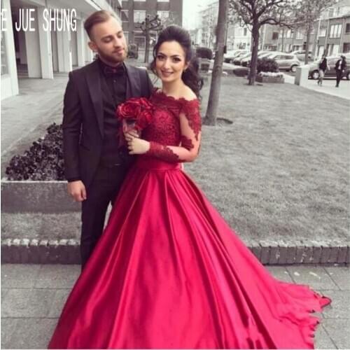 E JUE SHUNG Burgundy Wedding Dresses Off Shoulder Long Sleeves Bridal Gowns Vintage Lace Appliques Button Back Robe De Mariee