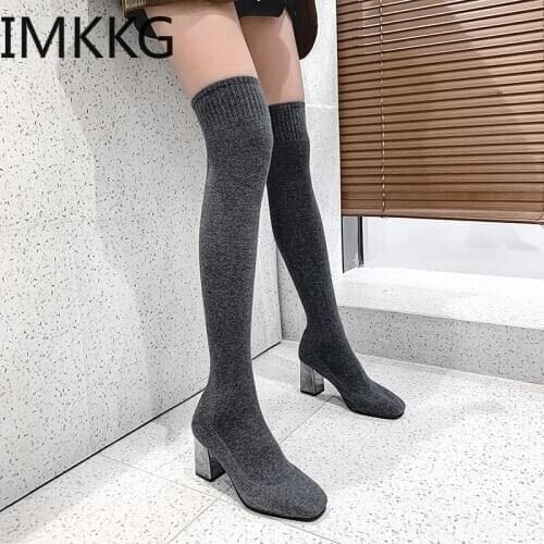 Over The Knee Women Sock Boots Round Toe High Heeled Slip on Shoes Sexy Fashion Boots Woman Dress Shoes