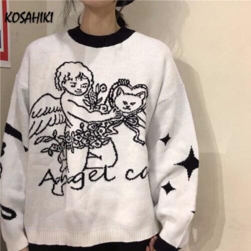 KOSAHIKI Knit Pullover Woman Sweater 2021 Spring Japanese Harajuku Jumpers Angel Cartoon Streetwear Casual Female Sweaters