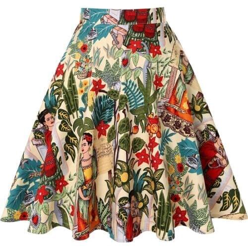 2021 Summer floral print skirt plus size vintage large swing skirt ladies school cotton jupe femme high waist skirt
