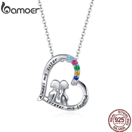 Bamoer Authentic 925 Sterling Silver Best Sisters Necklace Forever Friend Heart Necklace Chain Rainbow Zircon for Women BSN229