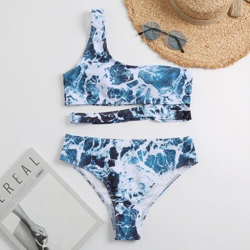 High Waist Bikini 2020 Women Green Tie Dye Print Two Piece Swimsuit Hollow Out One Shoulder Bathing Suit Two Piece Swimwear