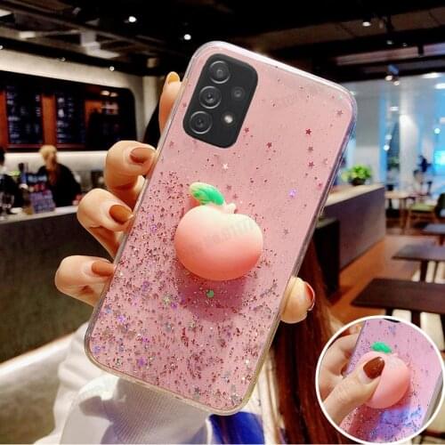 3D Cartoon Fruit Peach Stress Reliever Case For Samsung Galaxy A72 A52 A32 A42 F62 M62 M31S A02 A15 Glitter Gradient Phone Cover
