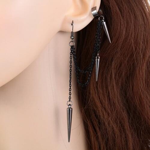 Black Long Tassel Chain Ear Clip Punk Hiphop Rivet Earrings Ear Hook Women Men Fashion Gothic Party Jewelry