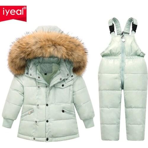 IYEAL Children Clothes Winter Warm Down Jacket Parka Hooded Real Fur Boy Baby Overalls Kids Coat Snowsuit Girls Clothing Set