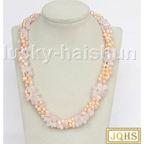 JQHS Long 88" 8mm Baroque pink freshwater pearls pink quartz Strand necklace j11556