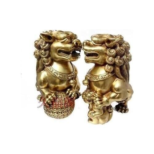 China of art collection carving brass the pair Lion statue