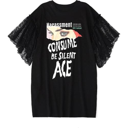 Summer Loose Letters Black T Shirt Women Casual Lace Sleeve Stitching Ruffled Tops Streetwear Clothes