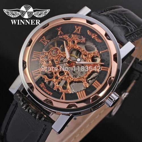 Winner watch mechanical watch for men black leather band free shipping WRG8008M3T2