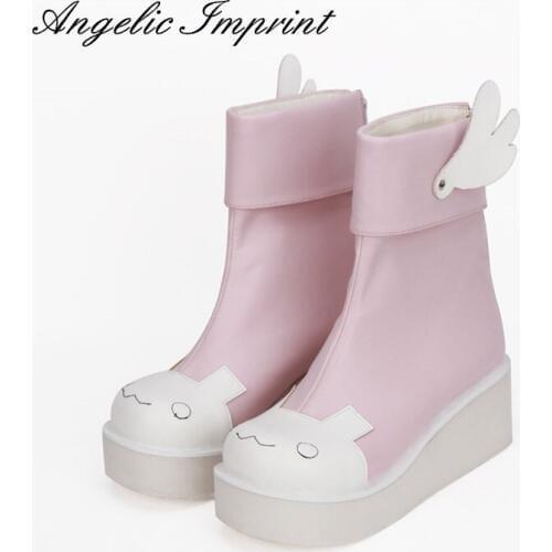 Girls kawaii Animal Pink and White Leather Sweet Lolita Cosplay Wedge Boots with Wings
