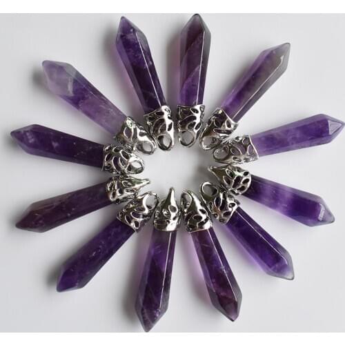 Fashion good quality natural amethysts stone pillar charms pendants 10x32mm for jewelry making 12pcs/lot wholesale free