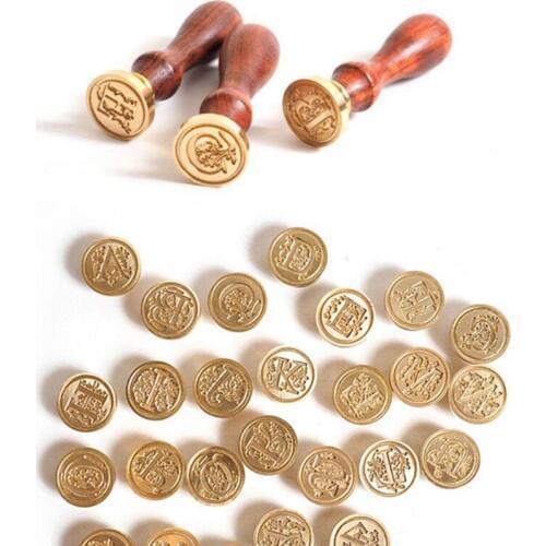 Retro Wood Classic 24 Letter Alphabet Initial Wax Seal Stamp Post Decorative Vintage DIY Handle Brass Head Wedding Invitation