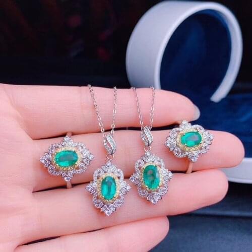 The Best Engagement Gift 100% Natural and Real Emerald Set 925 Sterling Silver,1pc Emerald Ring,1pc Emerald Pendant